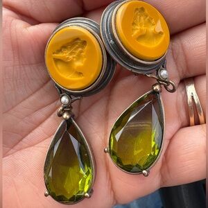 Antique vintage cameo and green glass clip on earrings